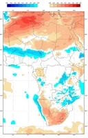 Figure 15 Seasonal temperature T2m anomalies in Africa, valid for September 2022 – estimated deviation (anomaly) of the mean from model climate in degrees Celsius, based on the GWIS..gif