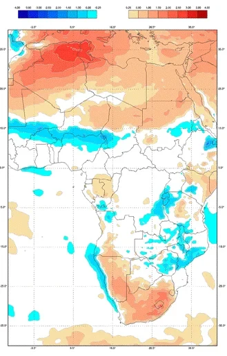 Figure 15 Seasonal temperature T2m anomalies in Africa, valid for September 2022 – estimated deviation (anomaly) of the mean from model climate in degrees Celsius, based on the GWIS..gif